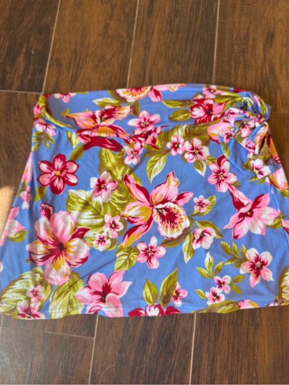 Blue Floral Midi Skirt with Pink & Green Blossoms